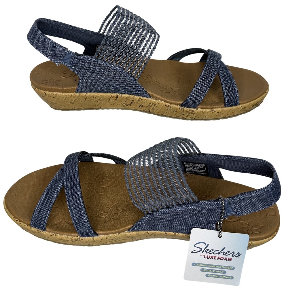 Skechers Brie Dawdle Sandals Womens 9 Navy Textile Wedge Comfort Slingback 32829 - Picture 11 of 12